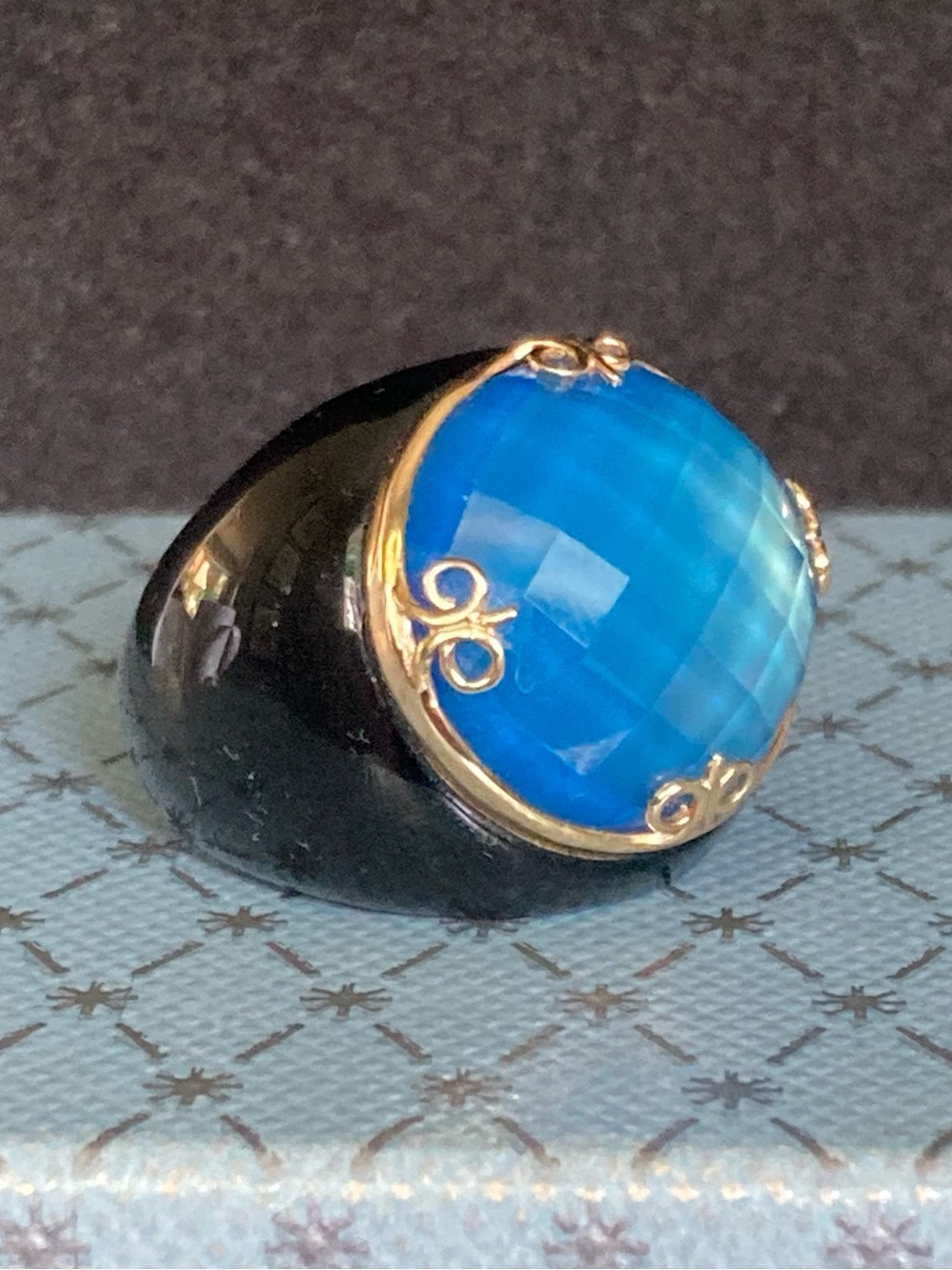 14K gold Chalcedony blue Round Checkerboard Tapered Black ring sz 6 FP China
